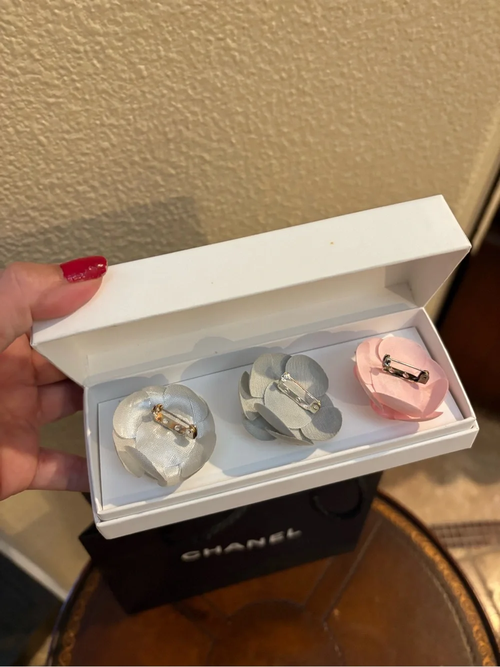 Auth CHANEL Camellia Fabric Mini Pins in Silver & Pink Set of 3 and Shopping Bag